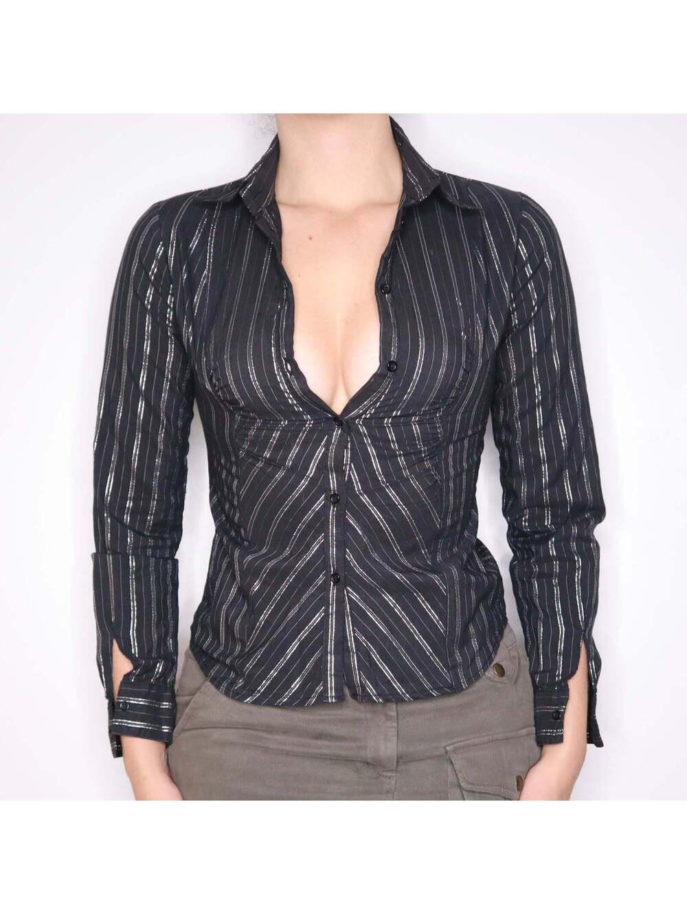 90s European Brand Black Pinstripe Button Up Shirt (S)
